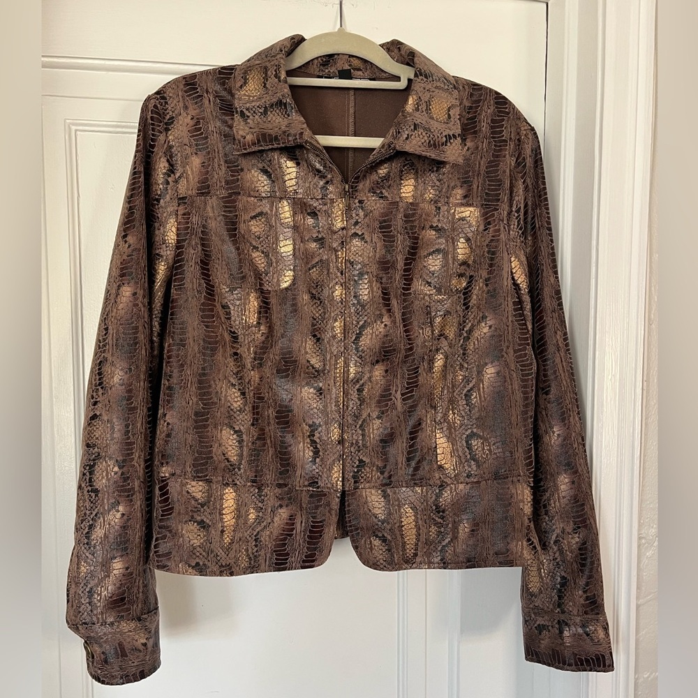 Vintage Linear Snake Print Jacket – Faux Leather Metallic Bronze Size M/L